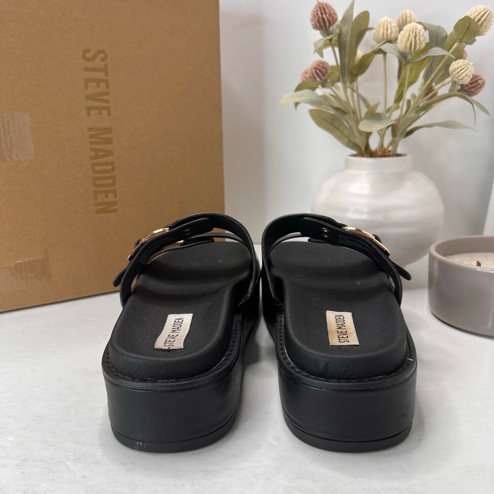 Steve Madden Brooklin Double Strap Sandal Black Gold Tone Buckles Women 9.5M - Picture 2 of 11